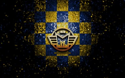 HC Madeta Motor, glitter logo, Extraliga, blue yellow checkered background, hockey, czech hockey team, HC Madeta Motor logo, mosaic art, czech hockey league, Madeta Motor