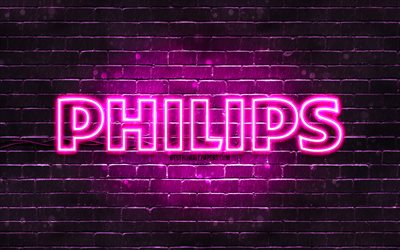 Philips mor logosu, 4k, mor tuğla duvar, Philips logosu, markalar, Philips neon logo, Philips