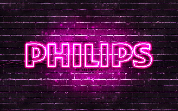 Philipsin violetti logo, 4k, violetti tiilisein&#228;, Philipsin logo, tuotemerkit, Philipsin neonlogo, Philips