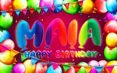 Happy Birthday Maia, 4k, colorful balloon frame, Maia name, purple background, Maia Happy Birthday, Maia Birthday, popular american female names, Birthday concept, Maia