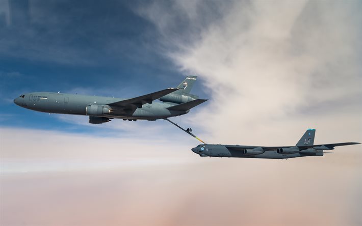 McDonnell Douglas KC-10 Extender, American tanker aircraft, Boeing B-52 Stratofortress, american strategic bomber, United States Air Force, B-52, refueling in the air, American military aircraft