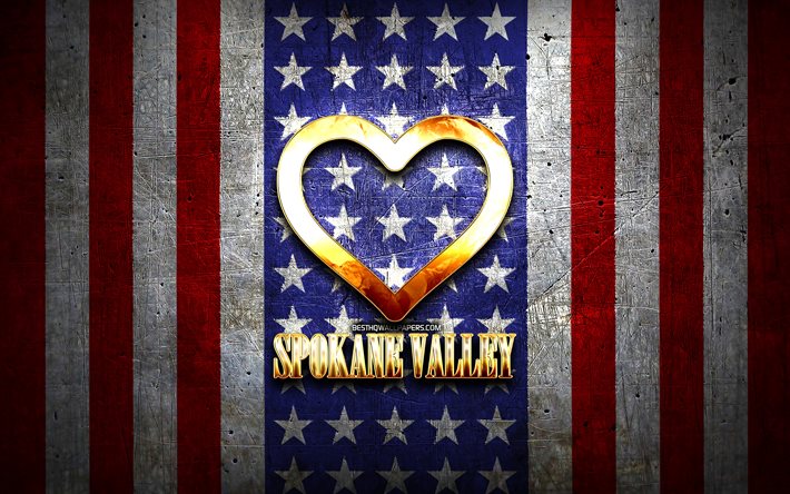 Jag &#228;lskar Spokane Valley, amerikanska st&#228;der, gyllene inskription, USA, gyllene hj&#228;rta, amerikanska flaggan, Spokane Valley, favoritst&#228;der, Love Spokane Valley
