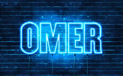Omer, 4k, pap&#233;is de parede com nomes, nome do Omer, luzes de n&#233;on azuis, feliz anivers&#225;rio Omer, nomes masculinos turcos populares, imagem com o nome do Omer