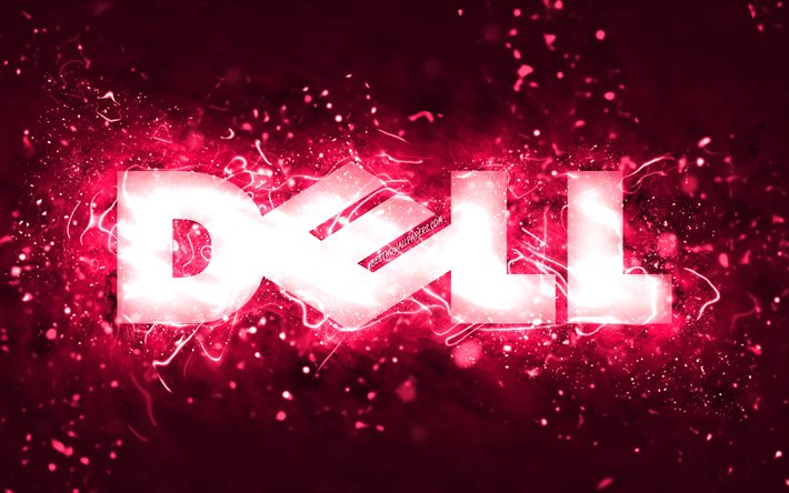 Logo Dell rose, 4k, n&#233;ons roses, cr&#233;atif, fond abstrait rose, logo Dell, marques, Dell