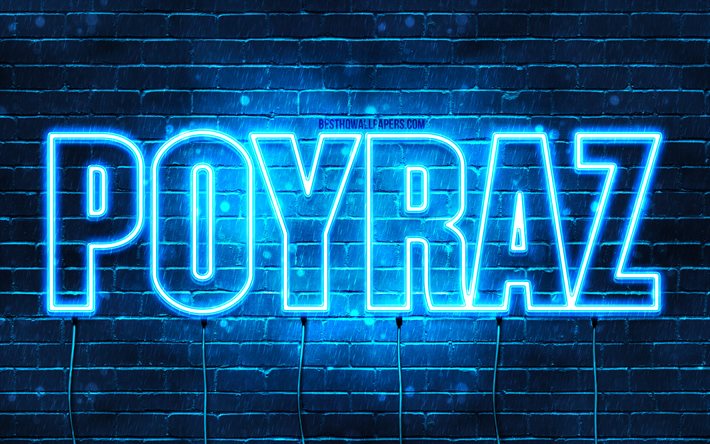 Poyraz, 4k, pap&#233;is de parede com nomes, nome de Poyraz, luzes de n&#233;on azuis, feliz anivers&#225;rio Poyraz, nomes masculinos turcos populares, imagem com o nome de Poyraz