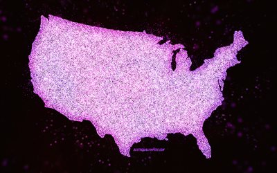 Mapa de brilho dos EUA, fundo preto, mapa dos EUA, arte com purpurina roxa, Mapa dos EUA, arte criativa, Mapa roxo dos EUA, EUA