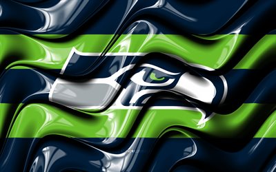 Seattle Seahawks flag, 4k, blue and green 3D waves, NFL, american football team, Seattle Seahawks logo, american football, Seattle Seahawks