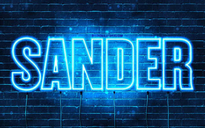 Sander, 4k, fonds d&#39;&#233;cran avec des noms, nom de Sander, n&#233;ons bleus, Happy Birthday Sander, noms masculins norv&#233;giens populaires, photo avec le nom de Sander