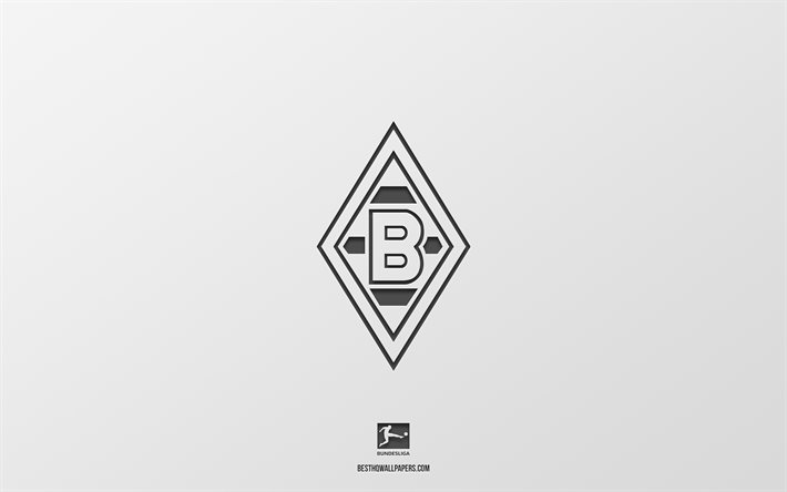 Borussia Monchengladbach, sfondo bianco, squadra di calcio tedesca, stemma Borussia Monchengladbach, Bundesliga, Germania, calcio, logo Borussia Monchengladbach