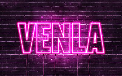 Venla, 4k, pap&#233;is de parede com nomes, nomes femininos, nome Venla, luzes de n&#233;on roxas, Feliz Anivers&#225;rio Venla, nomes femininos finlandeses populares, foto com o nome Venla
