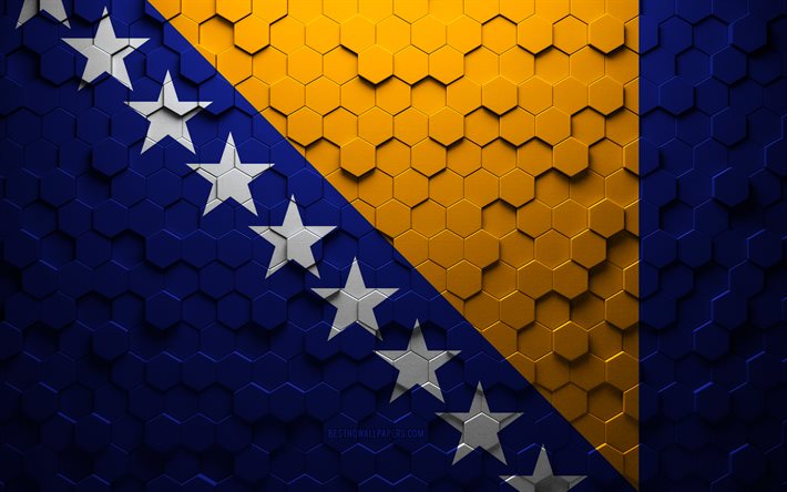 Drapeau de la Bosnie-Herz&#233;govine, art en nid d&#39;abeille, drapeau des hexagones de Bosnie-Herz&#233;govine, Bosnie-Herz&#233;govine, art des hexagones 3D, drapeau de la Bosnie-Herz&#233;govine