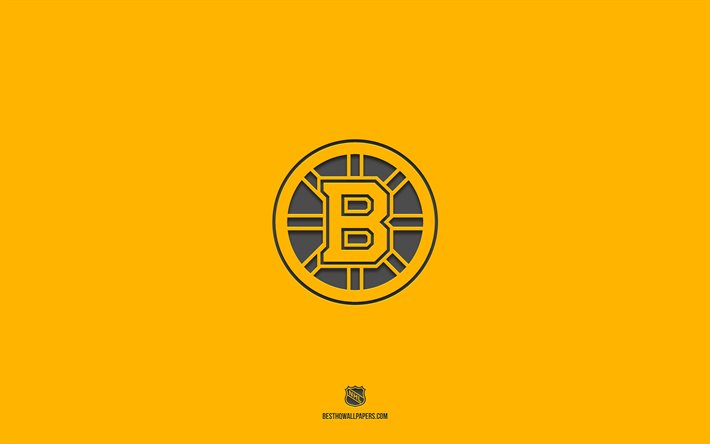 Boston Bruins, gul bakgrund, amerikansk hockeylag, Boston Bruins emblem, NHL, USA, hockey, Boston Bruins logo