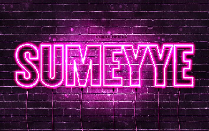 Sumeyye, 4k, bakgrundsbilder med namn, kvinnliga namn, Sumeyye-namn, lila neonljus, Grattis p&#229; f&#246;delsedagen Sumeyye, popul&#228;ra turkiska kvinnliga namn, bild med Sumeyye-namn