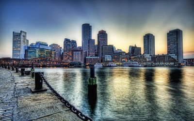 Boston, One International Place, One Financial Center, Federal Reserve Bank Building, sera, tramonto, hdr, panorama di Boston, paesaggio urbano di Boston, Massachusetts, USA