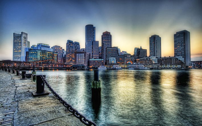 Boston, Bir Uluslararası Yer, Bir Finans Merkezi, Federal Rezerv Bankası Binası, akşam, g&#252;n batımı, hdr, Boston panoraması, Boston şehir manzarası, Massachusetts, ABD