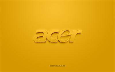 acer-logo, gelber hintergrund, acer-3d-logo, 3d-kunst, acer, markenlogo, gelbes 3d-acer-logo