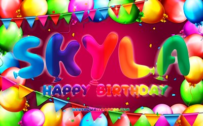 Happy Birthday Skyla, 4k, colorful balloon frame, Skyla name, purple background, Skyla Happy Birthday, Skyla Birthday, popular american female names, Birthday concept, Skyla