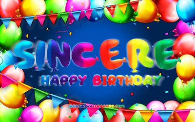 Joyeux anniversaire sinc&#232;re, 4k, cadre de ballon color&#233;, nom de Raylan, fond bleu, Raylan joyeux anniversaire, anniversaire de Raylan, noms masculins am&#233;ricains populaires, concept d&#39;anniversaire, Raylan