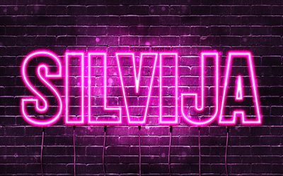 Silvija, 4k, fonds d&#39;&#233;cran avec noms, noms f&#233;minins, nom Silvija, n&#233;ons violets, joyeux anniversaire Silvija, pr&#233;noms f&#233;minins bulgares populaires, photo avec le nom Silvija