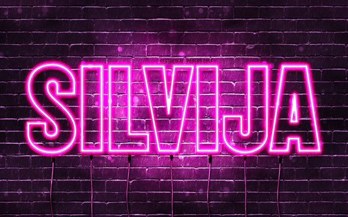 Silvija, 4k, fonds d&#39;&#233;cran avec noms, noms f&#233;minins, nom Silvija, n&#233;ons violets, joyeux anniversaire Silvija, pr&#233;noms f&#233;minins bulgares populaires, photo avec le nom Silvija