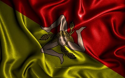 Sicily flag, 4k, silk wavy flags, Italian regions, Flag of Sicily, fabric flags, 3D art, Sicily, Regions of Sicily, Sicily 3D flag