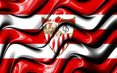 Bandeira do Sevilla, 4k, ondas 3D vermelhas e brancas, LaLiga, clube de futebol espanhol, futebol, logotipo do Sevilla, La Liga, Sevilla FC