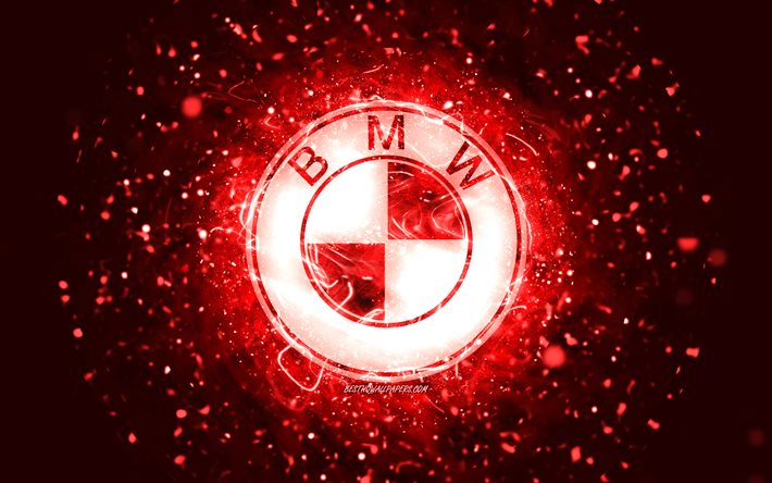 BMW red logo, 4k, red neon lights, creative, red abstract background, BMW logo, cars brands, BMW
