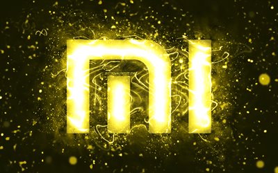 Xiaomi keltainen logo, 4k, keltaiset neonvalot, luova, keltainen abstrakti tausta, Xiaomi-logo, tuotemerkit, Xiaomi