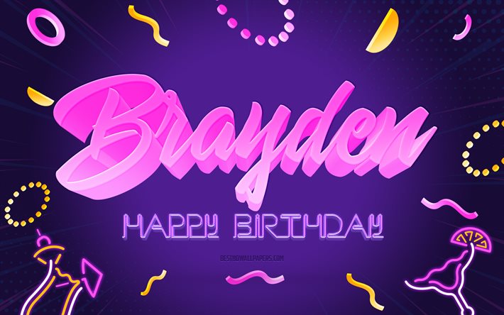 Happy Birthday Brayden, 4k, Purple Party Background, Brayden, creative art, Happy Brayden birthday, Brayden name, Brayden Birthday, Birthday Party Background