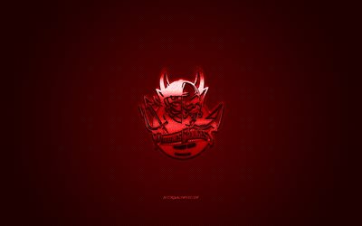 Briancon Red Devils, equipo franc&#233;s de hockey sobre hielo, logotipo rojo, fondo de fibra de carbono rojo, Ligue Magnus, hockey, Briancon, Francia, logotipo de Briancon Red Devils