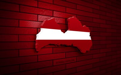 mappa della lettonia, 4k, muro di mattoni rossi, paesi europei, sagoma della mappa della lettonia, bandiera della lettonia, europa, lettonia, mappa 3d della lettonia