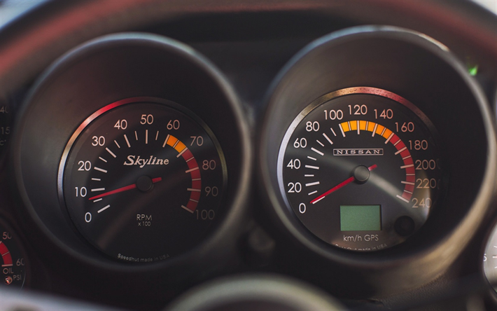 Nissan Skyline, speedometer, dashboard, tachometer, sports car, 2000 GT-R, Japanese cars, Nissan