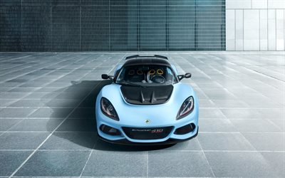 Lotus Exige الرياضة 410, 4k, منظر أمامي, 2018 السيارات, شيلت, الأزرق لوتس Exige, لوتس