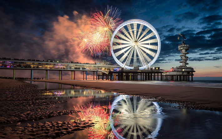 Scheveningen, beach, night, Ferris wheel, fireworks, holiday, embankment, Netherlands, North sea