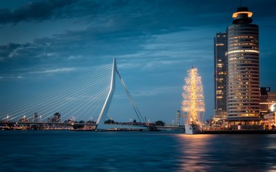 Erasmus Bridge, World Port Center, night, sailboat, skyscraper, bay, city landscape, Meuse River, Netherlands