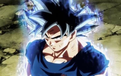 Goku, Ultra Instinct, Dragon Ball Super, l&#39;anime Japonais, des personnages, des n&#233;ons bleus cheveux