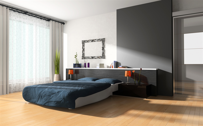 粋な室内ベッドルーム, ミニマリズムにおけるメディウム, モダンなデザイン, 白グレーのベッドルーム, モダンなインテリアデザイン