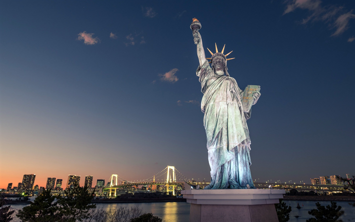 Odaiba Statue of Liberty, Tokyo, Japan, night, cityscape, city lights, statues, sights, Tokyo landmarks, replica of Lady Liberty