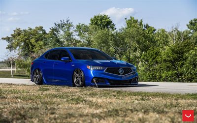 Acura TLX, 2018, exterior, vista de frente, azul nuevo TLX, sed&#225;n, optimizaci&#243;n TLX, los coches Japoneses, Vossen Wheels, HF-1, el Acura