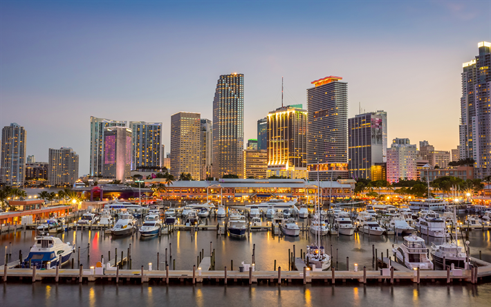Miami, evening, cityscape, embankment, USA, yacht parking, boats, yachts