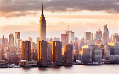 New York, aamulla, pilvenpiirt&#228;ji&#228;, Empire State Building, USA, kaupunkikuva, sunrise