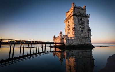 Torre de Belem, 4k, la Torre de San Vicente, puesta de sol, mar, Lisboa, Portugal