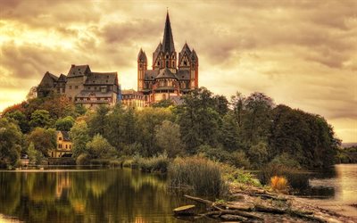 Limburg-Katedralen, Georgsdom, Limburg, Katolska tempel, kv&#228;ll, sunset, Hesse, Tyskland