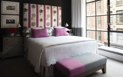 室内ベッドルーム, 英語のスタイル, モダンなインテリアデザイン, ベッドルーム, ピンク枕