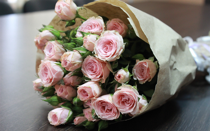 vaaleanpunaisia ruusuja, iso kimppu, paperi, ruusut, vaaleanpunaiset kukat