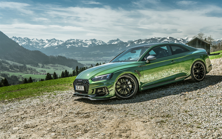Audi RS5 Coup&#233;, 2018, RS5-R, ABT, verde sport coupe tuning, ruote nere, paesaggio di montagna, tuning RS5 cabrio, Audi