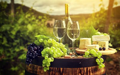 4k, النبيذ, العنب, الجبن, برميل, الصيف