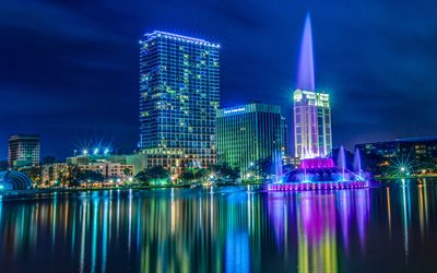 Orlando, natt, stadens ljus, Florida, skyskrapor, USA, natthimlen