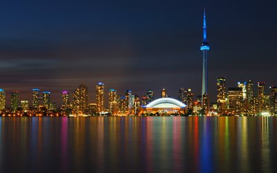 4k, Toronto, panorama, CN Tower, noturnas, arranha-c&#233;us, Canada