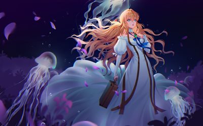 Violet Evergarden, light novel, anime characters, fairy-tale landscape, Japanese manga, White Dress, Jellyfish